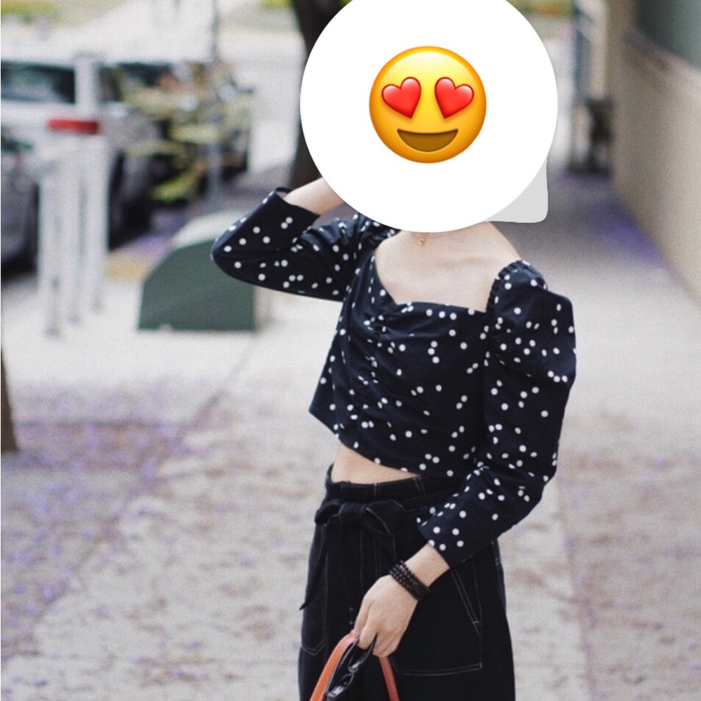 Topshop polka dots long sleeve crop top vintage retro French classic square neck